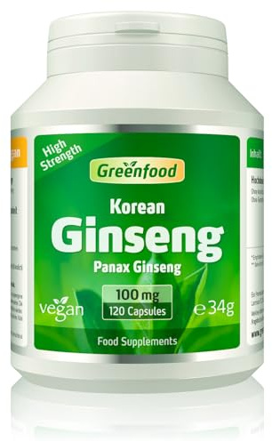 Greenfood Korean Ginseng (red Ginseng), 100 mg, 120 Capsules, high dose - Root Extract with 30% saponins. Without Artificial additives, Without Genetic Engineering. Vegan.