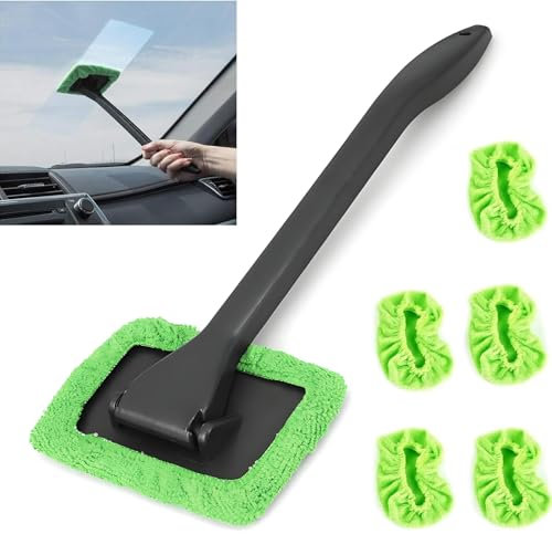 HIAHXC Car Cleaning Supplies Windshield Cleaner Tool with 5 Reusable Towel Pads Window Cleaner Tool for Car Interior, Dirty Car Washing Brushes