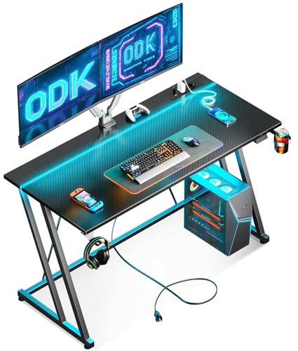 ODK 120 × 50 cm Gaming Tisch mit LED & Steckdose, Gaming Schreibtisch mit Becherhalter und Kopfhörerhaken, Doppel-Z-Rahmen-Design Kleiner Computertisch, Carbon Fiber Schwarz