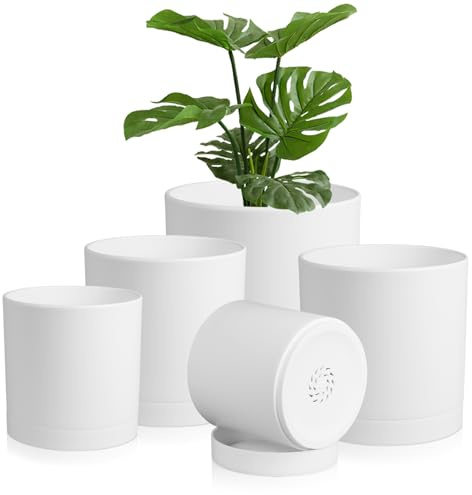 Homeuouz 5 Packs Blumentopf mit Untersetzer, 17.8cm/15.2cm/14cm/12.7cm/10.2cm Pflanzentopf, Plastik Übertopf, Hydrokultur Topf, Blumentöpfe Set Ideal für Innen und Balkongärten,Weiß