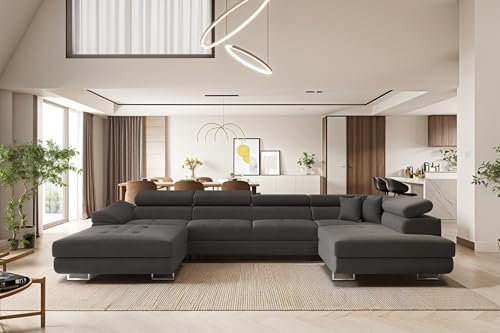 Kaiser Möbel - Ecksofa mit Schlaffunktion und Bettkasten, Wohnlandschaft U Form XXL, Bigsofa, Bequemes Couch mit Ottomanen für Wohnzimmer, Relaxsofa, Lounge-Set U-Form, FALIO II U, Graphit, Rechts