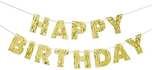 Striscione di Buon Compleanno con Frange Dorate – 3 m, Già Assemblato, Nessun Fai-da-Te, Insegna Happy Birthday per Donne, Uomini, Bambini, Matrimoni, Anniversari, Feste Eleganti (Oro)