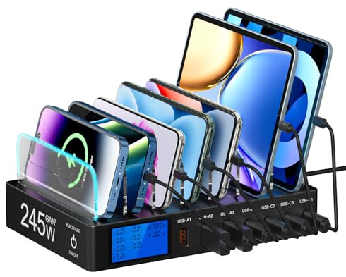 Binamao Charging Station Multiple Devices, 245W 7 Port Cell Phone Charger Station with LCD Display, 100W PD USB C Quick Charging Dock, for iPad, iPhone, Android, Tablet and other electronic devices