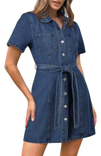 Fengbay Denim Dresses for Women Short Sleeve Button Down Jean Shirt Dress | Drawstring Waist,Suitable For Summer Dates, Holiday Trips & Daily Wear, Lightweight Stretch Cotton Denim