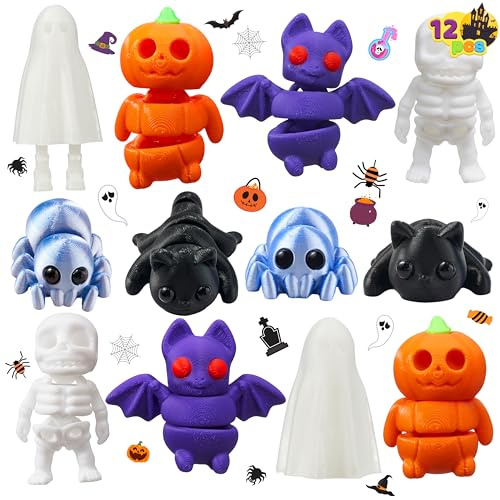 JOYIN Figuras de juguete de Halloween en 3D, figuras impresas en 3D con murciélago, gato negro, araña, calabaza, hombre, esqueleto, pequeño diablo, animales impresos en 3D para decoración de Halloween