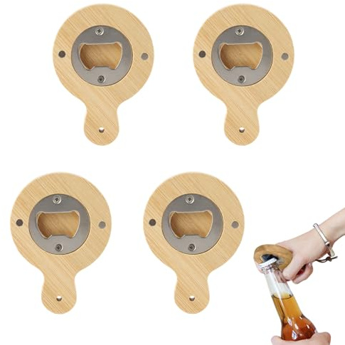 Greyoe Apribottiglie, 4 pezzi, apribottiglie in legno, portatile, durevole, in acciaio inox, legno naturale, leggero, ideale come regalo per uomini (manico rotondo, 4)