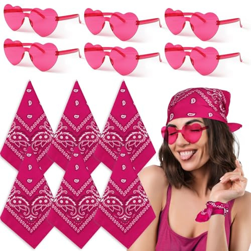 BOOMTOP 6 Bandana Rosa Paisley Halstücher mit 6 Herzförmige Sonnenbrillen Herz Rosa/Rosenrot Kopftuch Pink Herz Brillen Set Partybrille für Damen Herren Sommer Karneval Punk Musikfestival