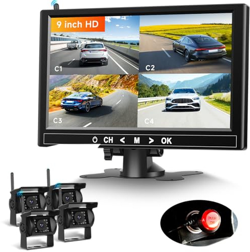 VECHTEL 4*Rückfahrkamera Kabellos mit 9 Zoll Monitor 1080p,4-geteilter Bildschirm/Einparkhilfe,IP68 AHD Rückfahrkamera Auto Nachtsicht für SUV LKW Wohnmobil Mit Zigarettenanzünder-Stecker,DC 12–36 V