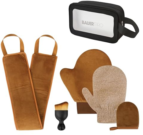 Bauer 6PC Self Tan Accessories Set/Exfoliating Glove, Velvet Tan Mitts, Back Applicator, Tanning Brush & Storage Bag/Reusable, Streak-Free, Ultra Soft for Face & Body 39509