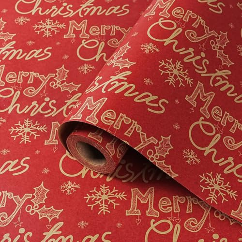 Geschenkpapier Weihnachten Rolle, Rot Weihnachtsgeschenkpapier vintage für Frauen Männer und Kinder, Kraftpapier Geschenkpapier Rolle für Weihnachten Neujahr Geburtstag Winterurlaub, 43cm x 10m