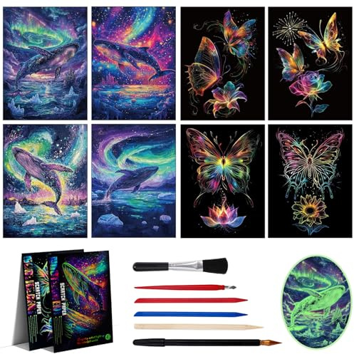 NICKLIN 8 Stück Kratzmalerei Kratzkarten A4 für Erwachsene Kratzbilder Set | Kreatives Scratch Art Glow in the Dark, Magic Bastelset Rainbow Kratzpapier für DIY-Handwerk mit Kratzwerkzeuge Kit