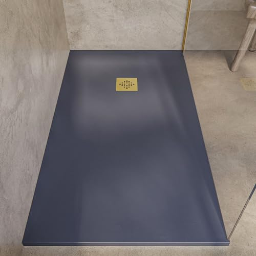 SOULBATH Plato de Ducha - Resina - Gel Coat - Textura Liso/Piedra - Antideslizante - Color Pizarra - 130x100- Extraplano 3cm. Incluye Válvula de desagüe - REJILLA GOLD