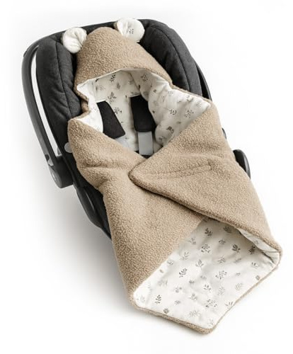 BABEES© 80x80 cm Einschlagdecke für Babyschale Boucle Autositz FRÜHLING ganzjährig wattiert Ganzjahresdecke, Universal mit Klettverschluss Übergangszeit 3-Punkt-Gurt Beige Braun