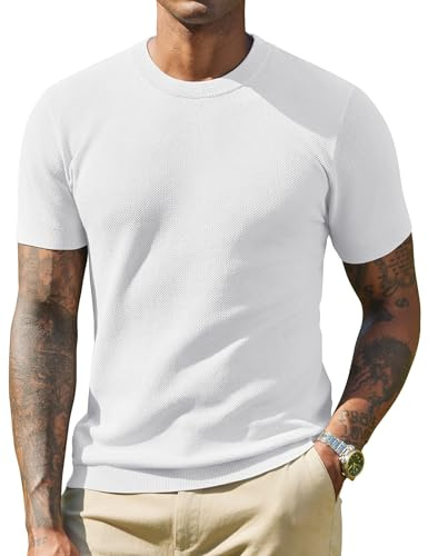 COOFANDY Camiseta de Punto para Hombre Manga Corta Básica de Verano Cuello Redondo Blanco S