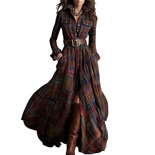 Generisch Robe longue à carreaux pour femme - Robe longue vintage avec col en V et manches longues - Style maison de campagne, multicolore, L