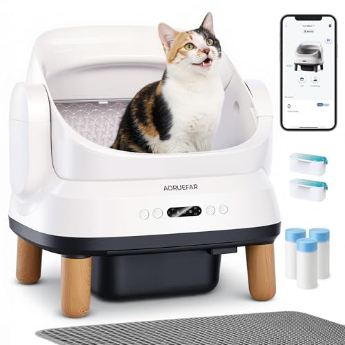 Aoruefar Self Cleaning Cat Litter Tray with WiFi App Control, Automatic Cat Litter Box with Infrared Safety & Odour Control, Open-Top Large Design with Wooden Legs, Includes Liners & Mat