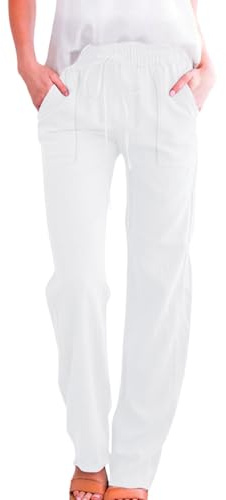 Womens Trousers White Cotton Linen Pants Solid Color Casual Summer Trousers Drawstring Elastic Waist Long Pants with Pockets Lightweight Comfy High Waisted Straight Leg Bottoms for Beach Holiday