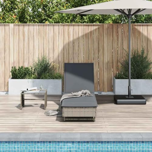 Frdhee Terrassenmöbel, Sonnenliege mit Rollen und Auflage Grau Poly Rattan Strandstuhl Klappbar für Balkon, Terrasse, Garten