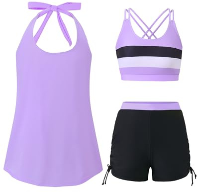 Yhnslsf Girls Bathing Suit with Shorts Summer Girls Size 10 Clothes Swimsuit Cute Purple Criss-Cross Sports Bra Tank Top Elastic Drawstring Short with Halter Cover Up Traje Baño Niñas Size 8-10