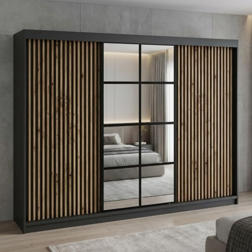 A&J MöbelLand Schwebetürenschrank NORIVO Kleiderschrank 200 cm mit Spiegel & Holzlamellen