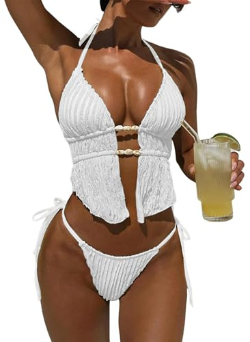 GRMLRPT Bikini-Set für Damen mit V-Ausschnitt Triangel Oberteil Badeanzüge Slip Verstellbare Schnürung Badeanzug Niedriger Taille Zweiteiliger Badeanzug(Mehrfarbig,S-L)