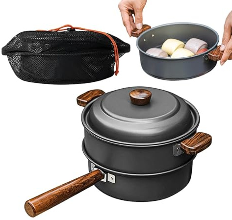Outdoor Camping Steamer - Aluminum Oxide Stock Pot 48 x 25 x 20 cm, Kitchen Equipment with Wooden Handle | Large Capacity Kitchen Organization Portabl