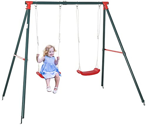 Outsunny Altalena Doppia per Bambini 3+ Anni con Struttura in Metallo, Corda Regolabile, Altalena da Giardino Gioco Esterno, Max 45 kg, 239x156x180 cm, Verde e Rosso