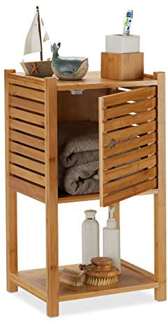 Relaxdays Badregal Bambus, 2 Ablagen & 1 Fach mit Tür, Bad & Küche, schmal, klein, Badmöbel HBT 62,5 x 35 x 29 cm, natur