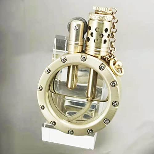 Handgemachtes reines Kupfer-Benzin-Feuerzeug-Quarz sichtbare transparente Öltank-Feuerzeuge tragbare runde Vintage antike Sammlungsgeschenk for Mann (Color : Gold)