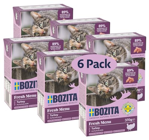 Bozita Tetra Nassfutter mit Pute in Gelee – 6x370g getreidefreies, zuckerfreies Katzenfutter – ohne Gentechnik, mit 7,5% Protein, 5% Fett – vollwertig & ausgewogen für Feinschmecker