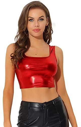 Allegra K Women's Crop Top, Vest Tank Top, U Neck Sleeveless, Party Clubwear, Shiny Metallic Red 8