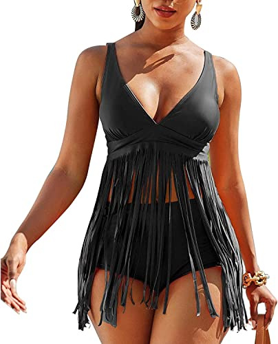 Luojida Costumi Donna Mare Due Pezzi Scollo a V Push Up Imbottito Reggiseno Bikini Coordinati Sexy Frange con Costume Vita Alta Pantaloncino da Bagno Spiaggia Estate (Nero, XL)