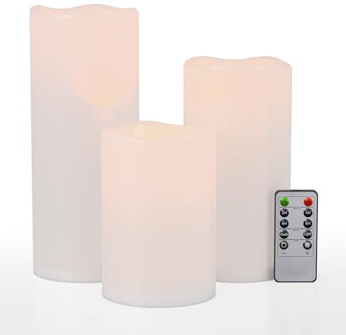 Yongmao 6 8 10 x 4 White Large Waterproof Outdoor Flameless Candles Battery Operated LED Flickering Pillar Candles with Remote and Timer for Indoor Outdoor Lanterns, Long Lasting, Set of 3