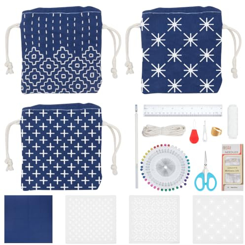 INFUNLY 3 Set Sashiko Kordelzug Kit - DIY Einkaufstasche mit Blume Stoff, Draht und Nadeln - Hand Nähen Kit für Anfänger und Erwachsene, Schwarz
