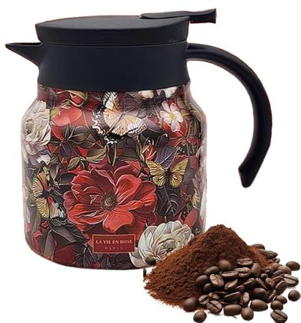 Termo de té con estampado floral vintage, 800 ml, diseño floral, termo de té con aislamiento, tetera vintage aislada con colador de té, jarra térmica floral para café, té