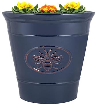 Outdoor Classic Bee Planter | Ceramic Look Round Plastic Flower Pot Glossy Finish | Frost & UV Resistant Traditional Garden Plant Pot | 30 & 40cm | Blue, Brown, Honey (Blue, 30cm - Single)
