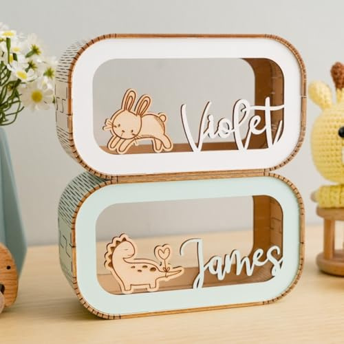 Personalisiertes Sparschwein, Kinderbank, individuelles Sparschwein mit Namen, Spardose, 1. Holzkassette, Geschenke für Kinder, Baby, Jungen, Mädchen, Taufe, Geburtstag, Weihnachten (23,5 x 13,9 x 9