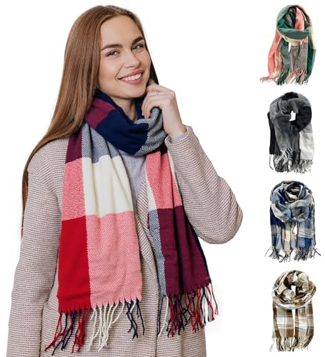 WUDEUI Winter Warm Scarf for Women UK, Long Soft Chunky Plaid Scarves, Casual Cashmere Feel Tassel Shawl Wraps for Cold Weather