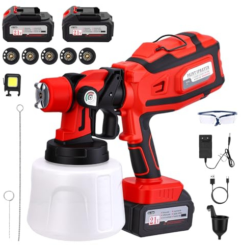 Pistola per Vernice Senza Fili, 200W Spruzzatore di Vernice per Recinzione con Batteria 2x21V 4000mAh e Contenitore da 1.4L, 5 Ugelli & 3 Modalità di Spruzzo con Kit Completo perpareti, recinzioni