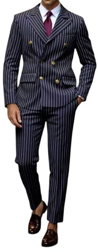 Costume pour homme, respirant, léger, coupe ajustée, avec rayures, pour mariage, affaires, loisirs, avec double boutonnage, facile à repasser, facile d'entretien, costume de rue élégant