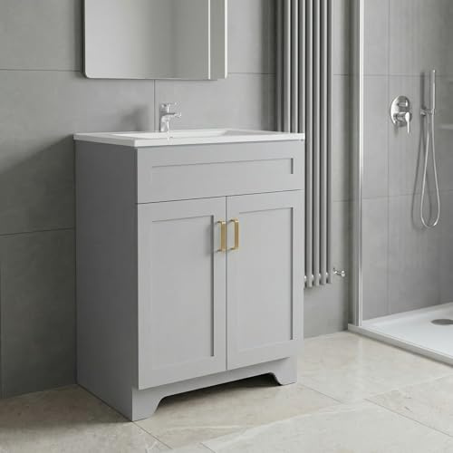 LDarqeer Waschbecken mit Unterschrank 60 cm breit, Freistehender Waschbeckenunterschrank, Badmöbel Set für Gäste-WC & Bad, 2 Soft-Close Türen, Waschtisch mit Keramikbecken, Grau, Metallgriffe
