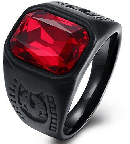 Black Stainless Steel Red Crystal Signet Biker Ring (Black, 13)