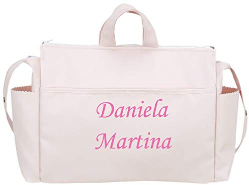 danielstore- Bolso Talega Personalizado Bebe Carrito Gemelar bebe con nombres bordados. + Regalo de un pack con dos baberos (Talega rosa)