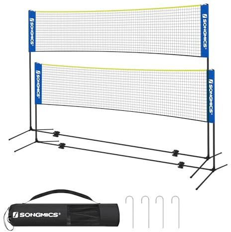 SONGMICS SYQ500Q02 - Rete da badminton da 5 m, pali regolabili in altezza, set portatile per tennis, beach volley, giardino, parco, esterno, blu e giallo