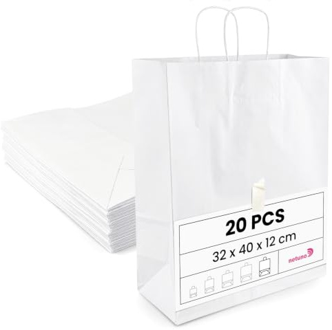 Netuno 20 Papiertaschen mit Henkel weiß 32x40x12 cm groß für Geschenke | Reißfeste Einkaufstüten aus Kraftpapier – für Handel, Verkauf, Party, Weihnachten, Ostern, Boutique, Markt & Mitgebsel