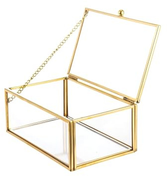 Feyarl Gold Glass Keepsake Box Jewelry Trinket Box Vanity Rings Earrings Box Organizer Cards Photo Display Case Decorative Box with Lid for Home Deco Dresser Tabletop（5.7 x 3.54 x 2.36 inch）