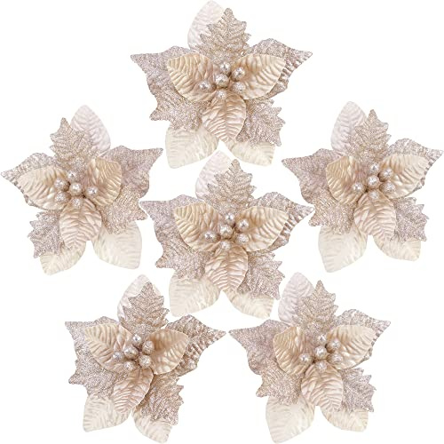 Sea Team Künstlicher Glitzer-Weihnachtsstern, Weihnachtsblumen, Baumschmuck, 25,4 cm, Champagnerfarben, 6 Stück