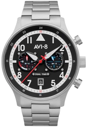 AVI-8 Mens 43.5mm Hawker Hurricane Carey Dual Time Rangoon Japanese Quartz Pilot Watch with Stainless Steel Bracelet AV-4088-11