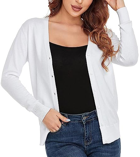 CUNYI Cardigan Donna Scollo a V Maglia con Bottoni Girocollo Classico Manica Lunga Giacca Cappotto Elegante, Bianco S
