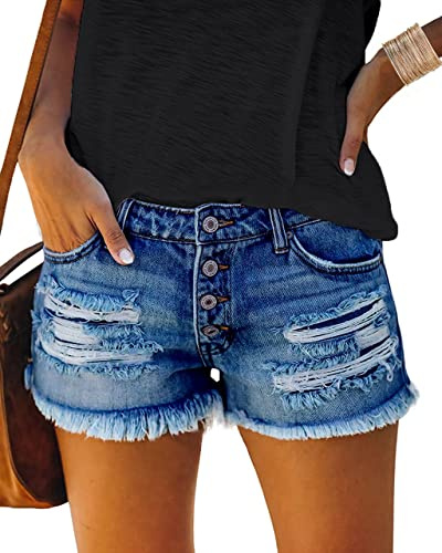 cordat Short en Jean Extensible déchiré Taille mi-Haute pour Femme - Ourlet Brut effiloché - Short décontracté en Jean, 17-Bleu foncé 1, Taille M